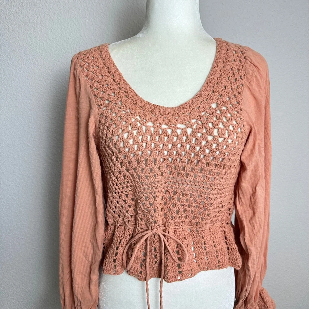 Free People Crochet Open Back Peplum Blouse Terracotta Peach Long Sleeve Top